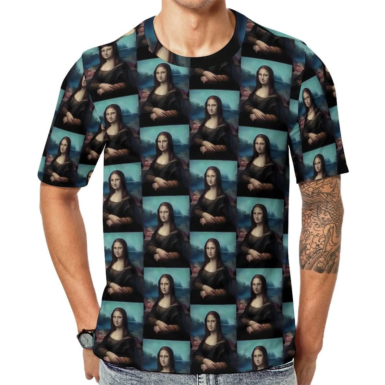 Beach T-Shirt Mona Lisa T-Shirts Famous Painting Street Style Vintage Tees For Man Short Sleeve Graphic Big Size Tops