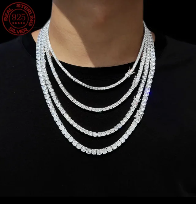 Pulseira de Corrente de Ténis Hip-Hop 1 Row Cz, Colar Cubic Zircon, Iced Out, 3mm, 4mm, 5mm, 6mm, Prata 925, Banhado a Ouro 18K