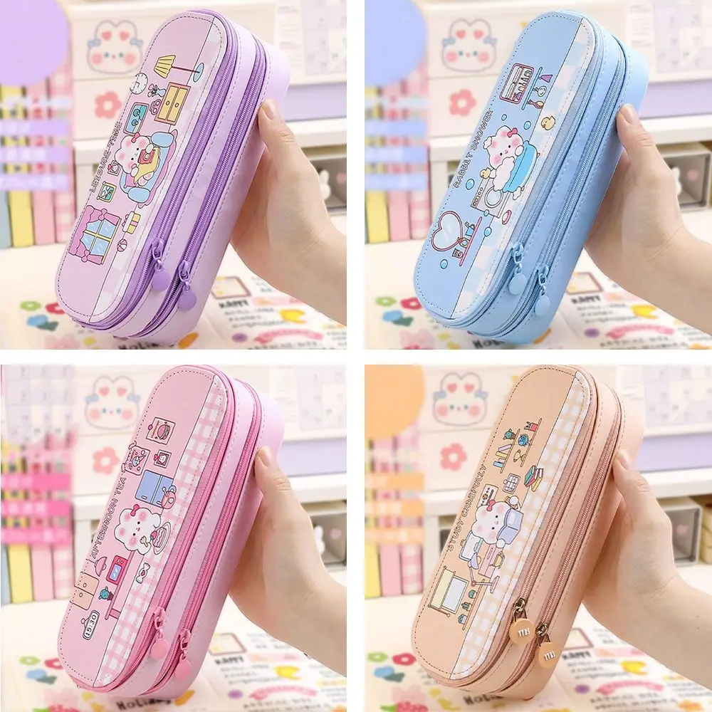 Estuche para lápices de doble capa Ins, bolsa para bolígrafos impermeable con diseño de dibujos animados, bolsa de papelería portátil de gran capacidad, suministros para estudiantes