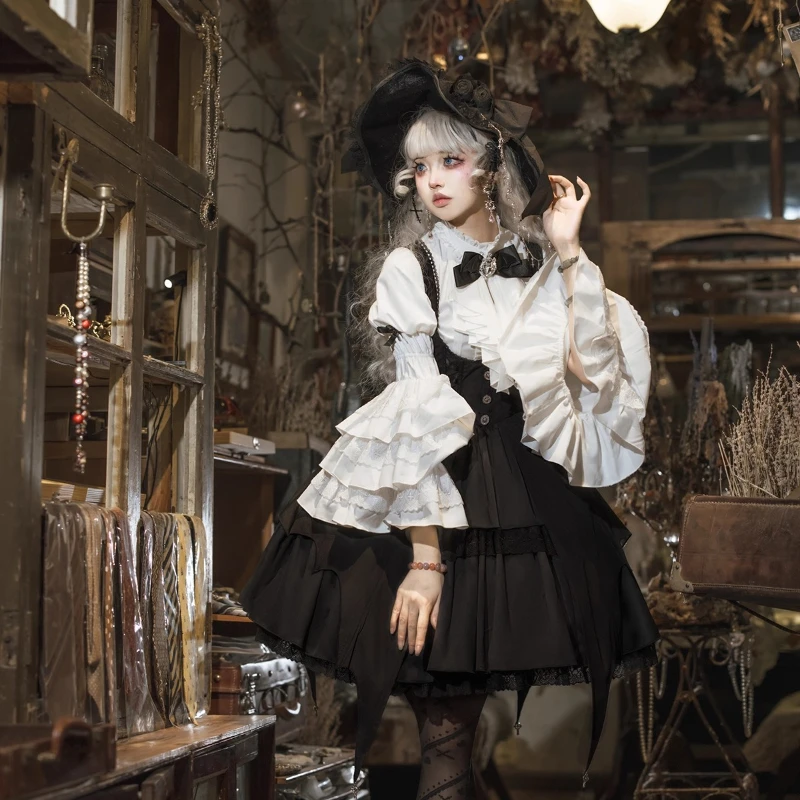 Original French Elegant Court Style Retro Strap Dress Shirt Set Autumn Women's Gothic Slim Fit Lolita Dress Halloween Cos Dress