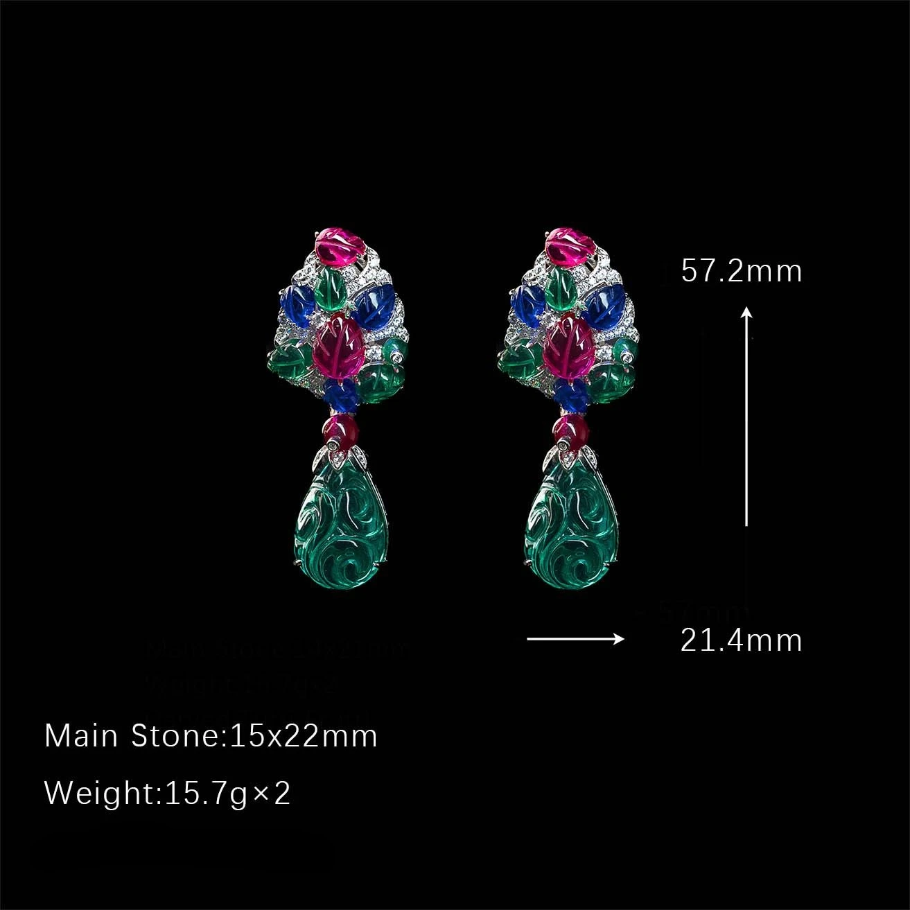 

S925 Sterling Silver High Carbon Synthetic Diamonds Inlaid Jade & Multicolored Green Gemstone Engraved Earring Party Jewelry