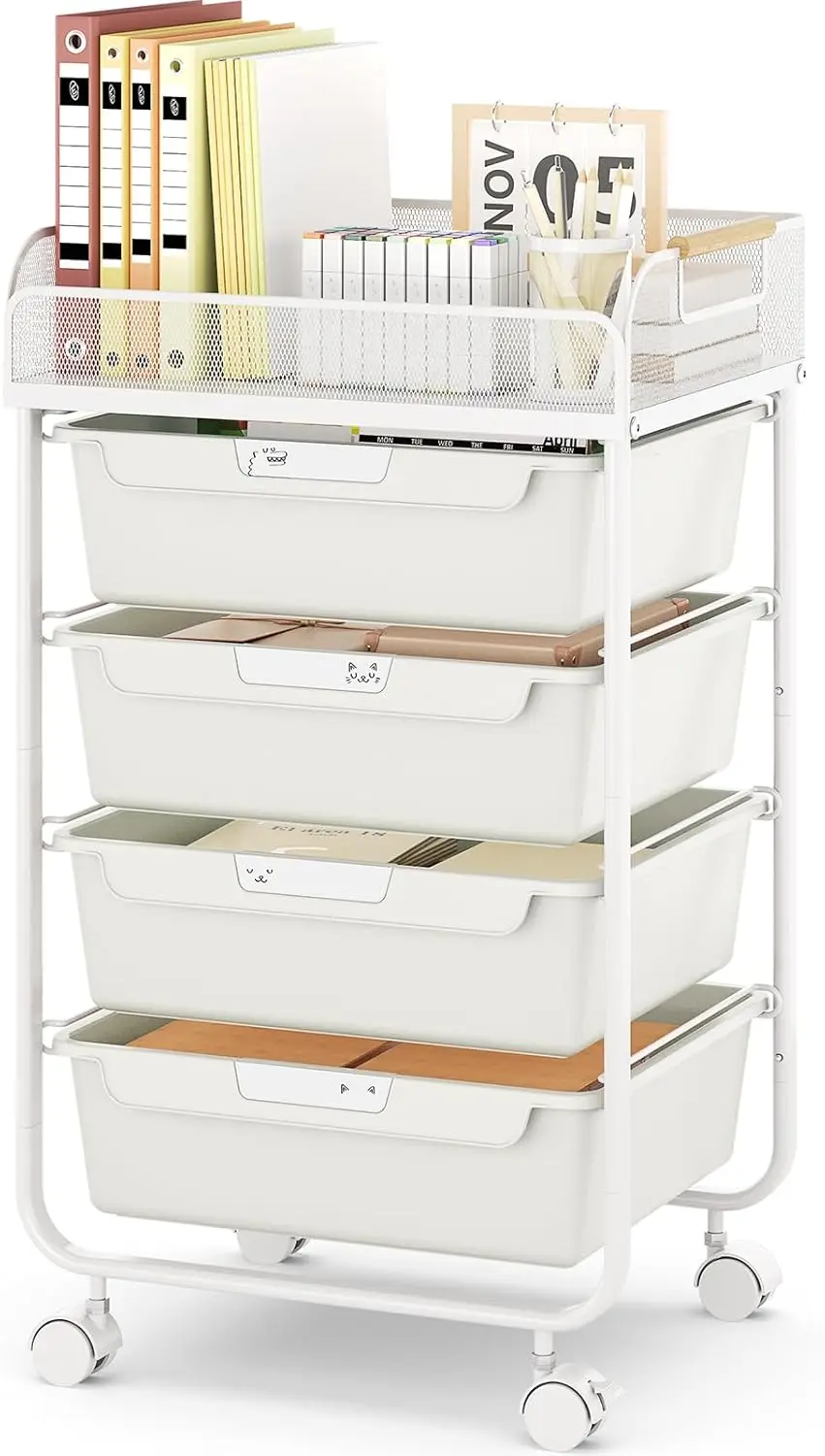 

4-Tier Rolling Storage Cart with 4 Drawers, Mesh Top & DIY Labels for Craft Room Office Bedroom Classroom, White
