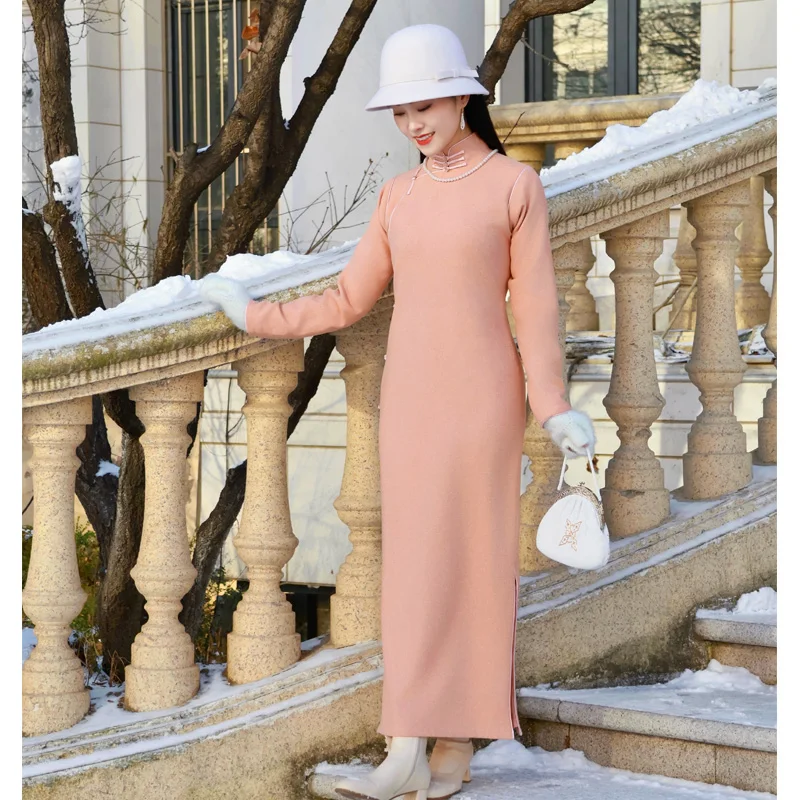 

TaoHua No Winter 2024, молодежный женский новый китайский год, оранжевый, розовый, шерстяной, теплый, длинный свек, винтажный, с дай...