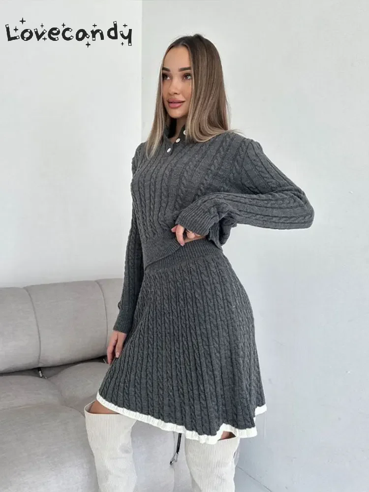 

Fashion Buttons Contrast Ribbed Knitted Skirt Sets Women Elegant Lapel Long Sleeve Tops Suit 2024 Chic Female High Street Outfit