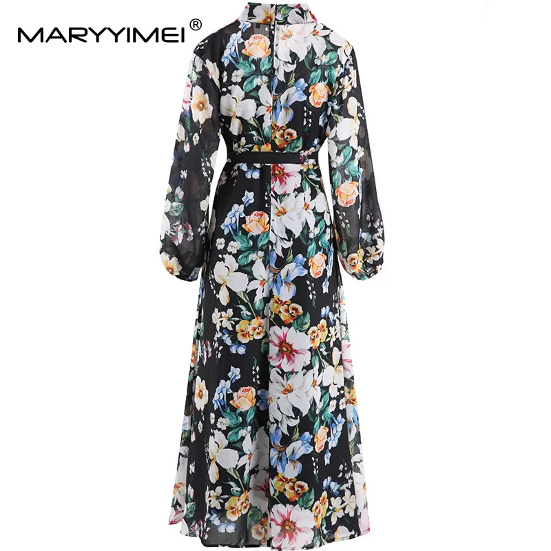MARYYIMEI Women's Elegant Party Prom Dress Autumn V-Neck Long-Sleeved Floral-Print Lace-Up Slim Fashion Dresses