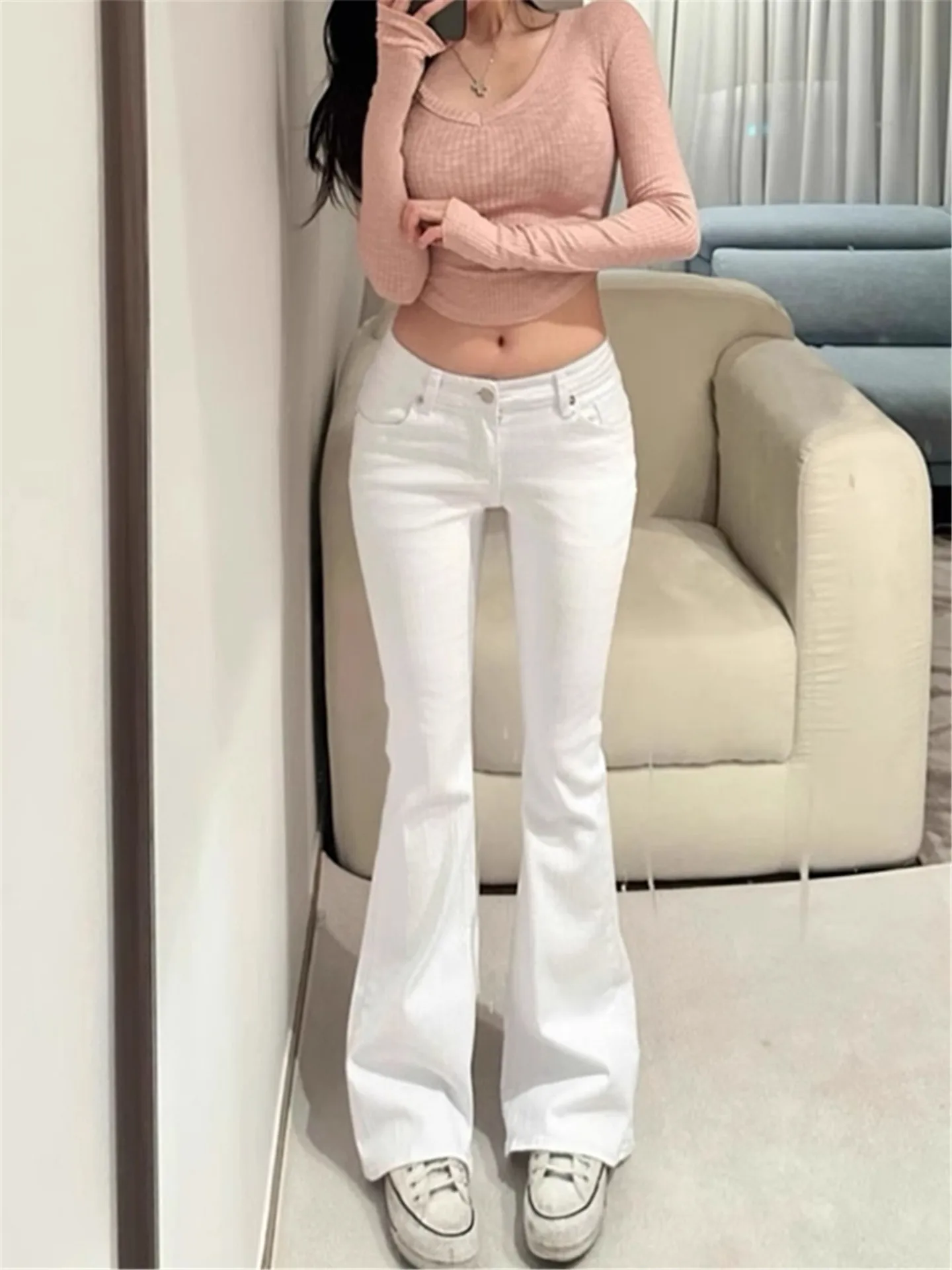 

Американские ретро-джинсы с низкой талией и расклешенными штанинами для женщин, весенне-осенние, облегающие, эластичные, удлиненные, в пол