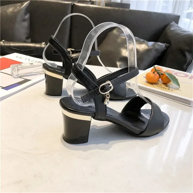 Comemore Casual Shoes Women Fashion Buckle Strap Square Heel White Open Toe Sandal 2024 Hinestone High Heels Sandals New Summer