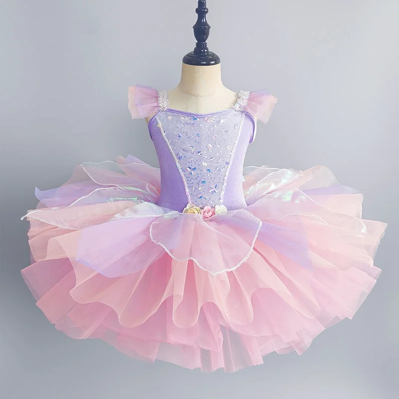 Traje de fiesta de princesa para niños, vestido de flores con lentejuelas, Ropa de baile para niñas, leotardo de Ballet gimnástico, vestido con tutú de panqueque