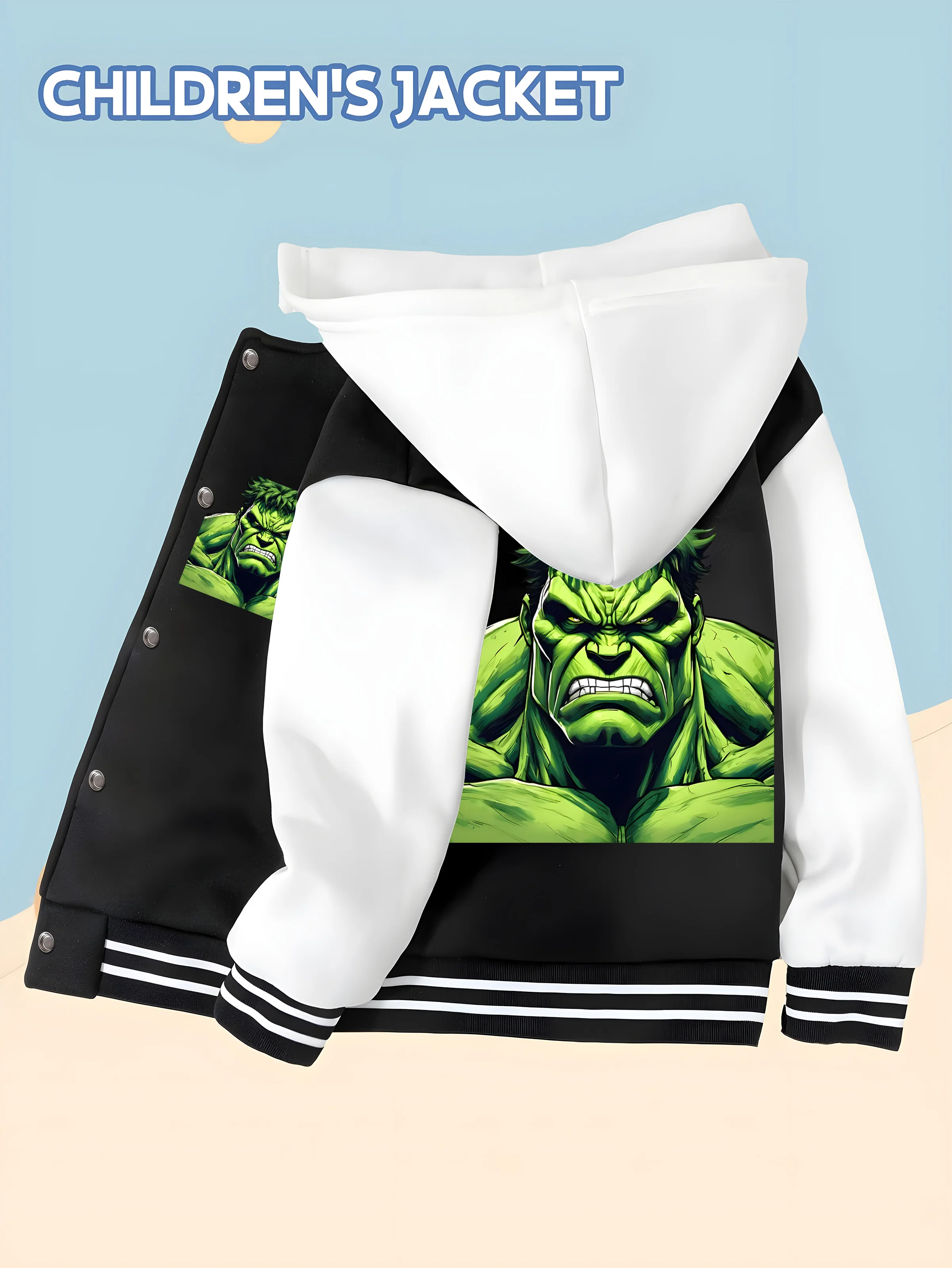 

MINISO Marvel Hulk Kids Baseball Jacket - Trendy black and white, soft and skin-friendly fabric, autumn and winter casual jacket