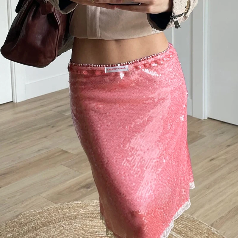 HEYounGIRL Fashion Sequin Aesthetic Skirt Low Waist Pink Y2K High Street Lace Patchwork Straight Knee Length Skirt Rave Outfits