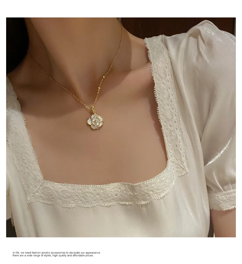 Französische romantische elegante weiße Emaille-Kamel-Kamel-Blumen-Anhänger-Halskette 2025, Damen-Modeschmuck, Luxus-Accessoires für Mädchen – Detail 9