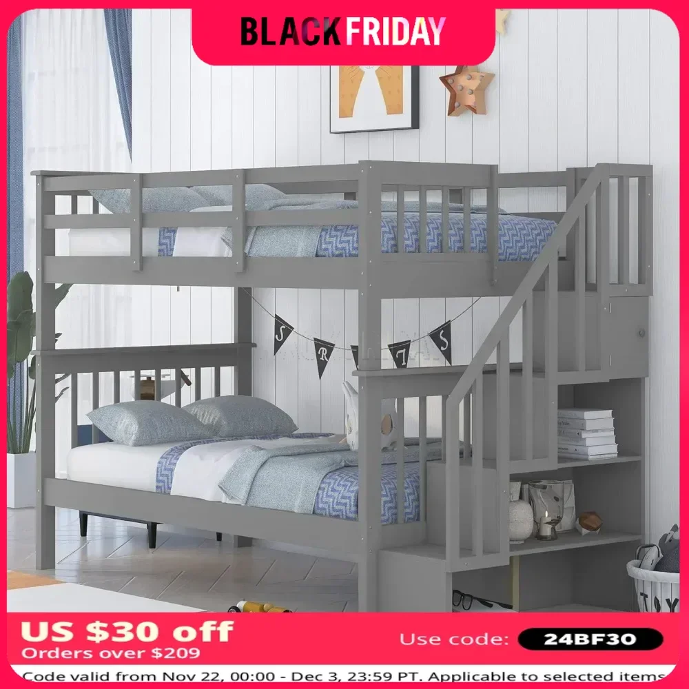 Bunk Beds Twin Over Twin with Stairs, with Storage and Guard Rail,for Kids, Bedroom, Dorm, Teens, Adults,Wood Bunk Bed Frame