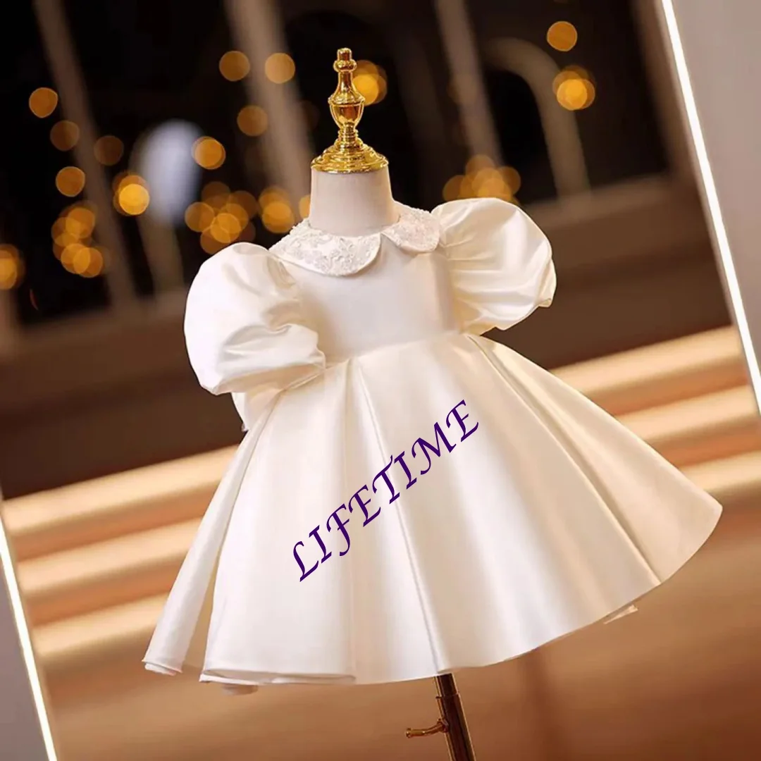 فستان أنيق لفتاة الزهور من الساتان المطرز برقبة دائرية مع فيونكة وأكمام قصيرة لحفلات الزفاف وحفلات التواصل الأول