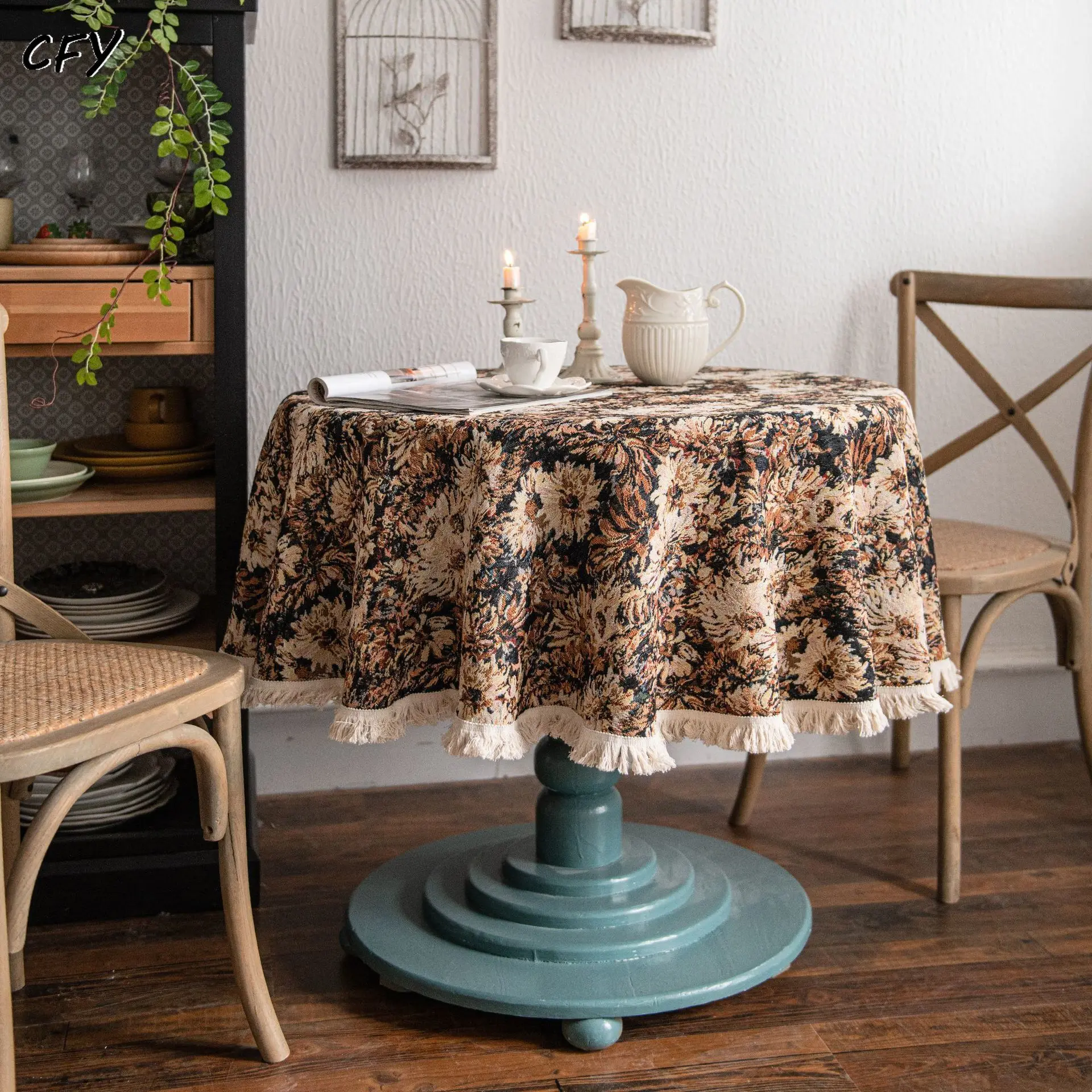 

Cotton Linen American Tablecloth Coffee Oil Painting with Tassels Leaves Round Tablecloth Table Cover Chicken Table Cloth