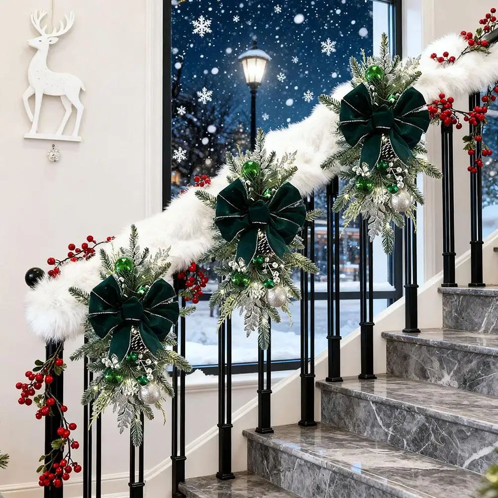 

Рождественские украшения для лестницы со светодиодной подсветкой, бантиками, сосновыми шишками, елочными игрушками, праздничные украшения для перил лестницы для рождественской вечеринки дома Dec X9z9
