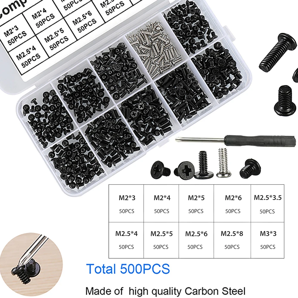 500pcs Universal Laptop Notebook Screw Kit Set M2 M2.5 M3 Electronic Repair for Phillips Flat Head Tiny/Small Machine Screws Set