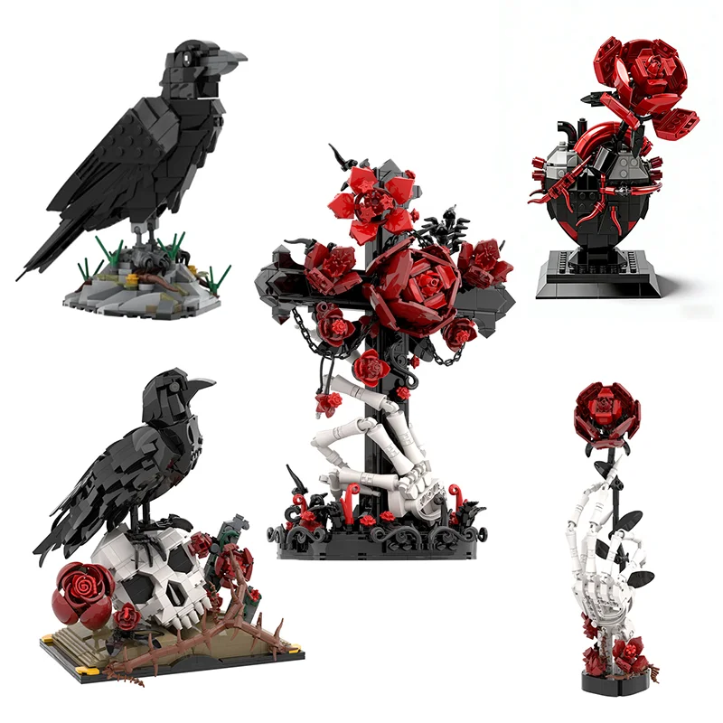 Bouquet de roses crânes MOC, modèle en briques, crâne de corbeau gothique, fleurs, décoration, blocs de construction, croix gothique, jouets d'assemblage, cadeau DIY pour enfants