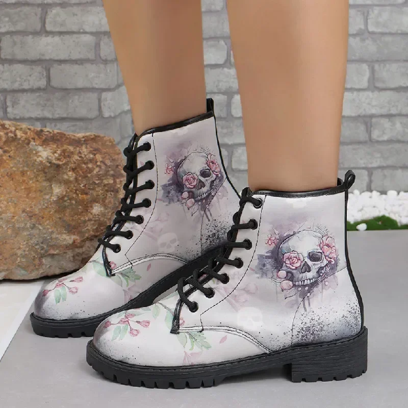 Women\'s Printed Short Boots Autumn/Winter New Fashion Skull Head Printed Comfortable Casual Shoes Luxury Travel Durable