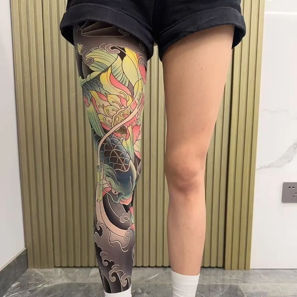 

1pc Dragon Japanese Style Tattoo Socks Elastic Breathable Men Sun-proof Socks Seamless UV Protection Full Leg Socking Riding