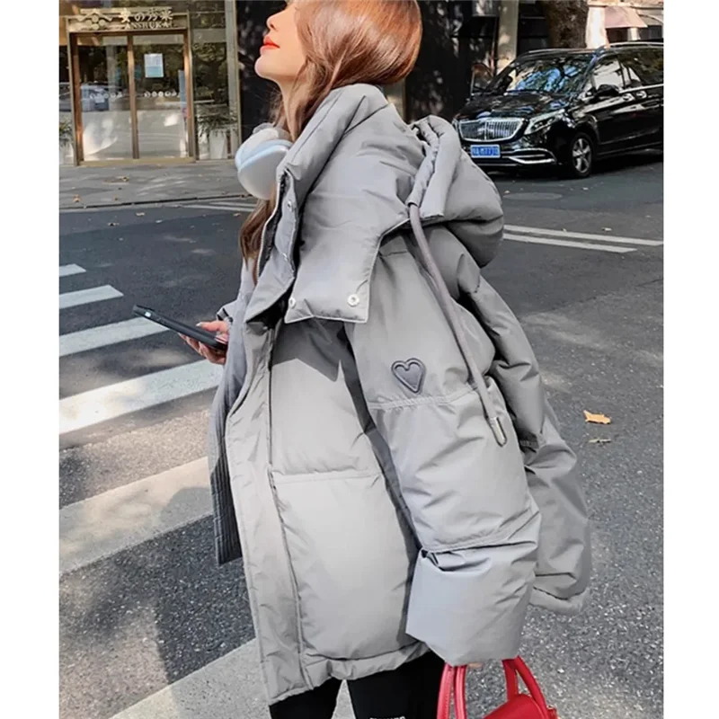 Autumn Winter Women'S Cotton Jacket New Fashion Loose Casual Hooded Cotton Coat Pure Colour Thicken Grey Outerwear Female