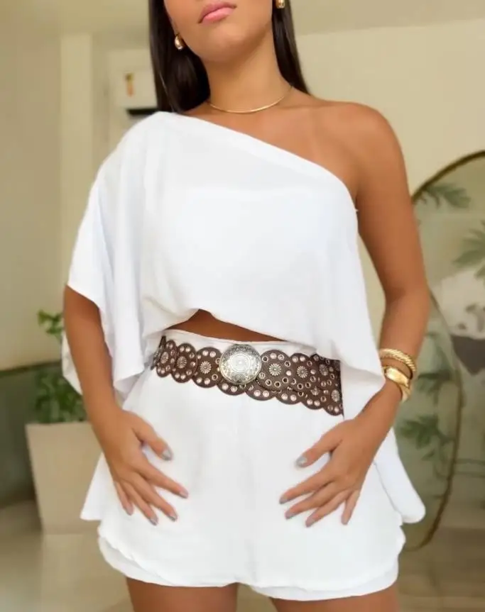 

3 Pieces Off-Shoulder Multi-Ways Split-Sleeve Casual Shorts Set