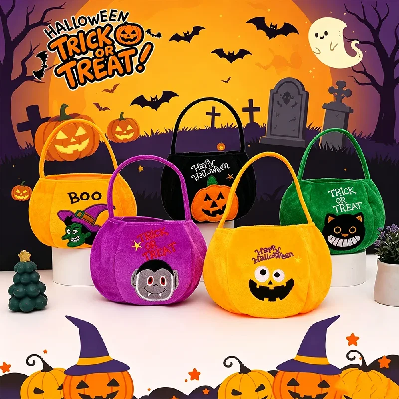 Halloween Trick Or Treat Candy Bag Plush Pumpkin Handheld Gift Baskets Halloween Party Candy Tote Bag Favors Halloween Candy Bag
