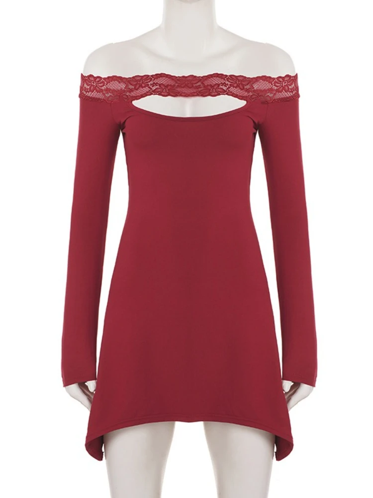 Stsss sexy fora do ombro manga longa magro mini vestido feminino moda renda hem slash neck cortar detalhe elástico uma linha vestido curto