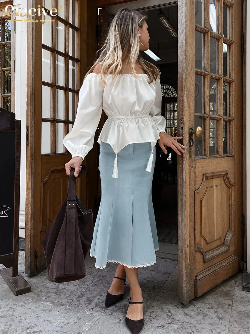 Clacive Fashion Loose White Women's Shirt 2025 Sexy Slash Neck Long Sleeve Shirts Elegant Classic Solid Top Female Clothing