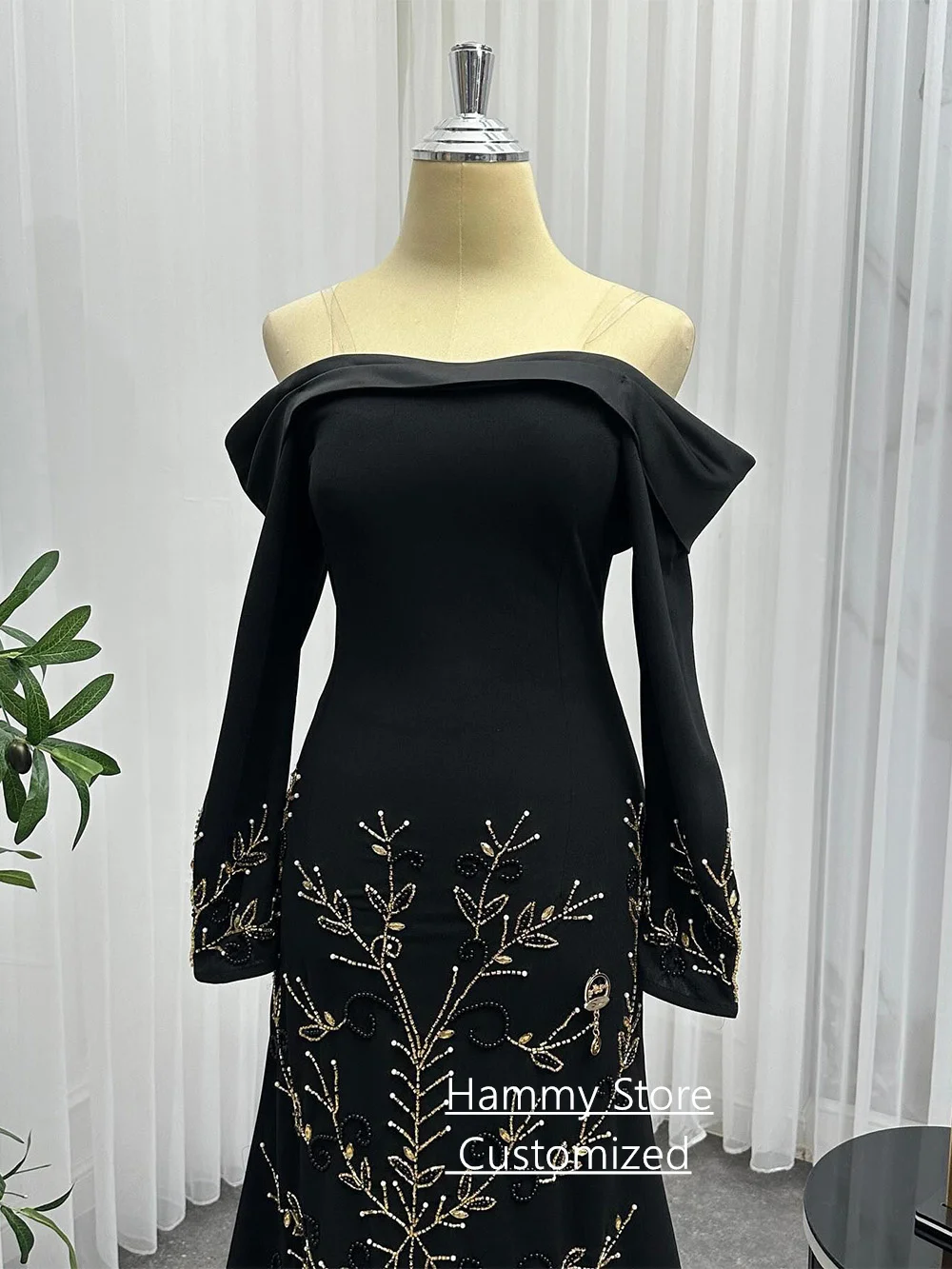 فستان سهرة بأكمام طويلة ورقبة قارب مخصص أنيق مطرز بالخرز ومطرز سويب تراين رداء De Soiree فستان حفلات عربي