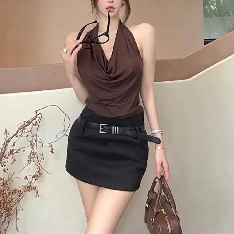 Women\'s Clothing Solid Color Pullover Halter Sleeveless Summer V-Neck Pile Collar T-shirt Casual Sexy Fashion Vintage Tops