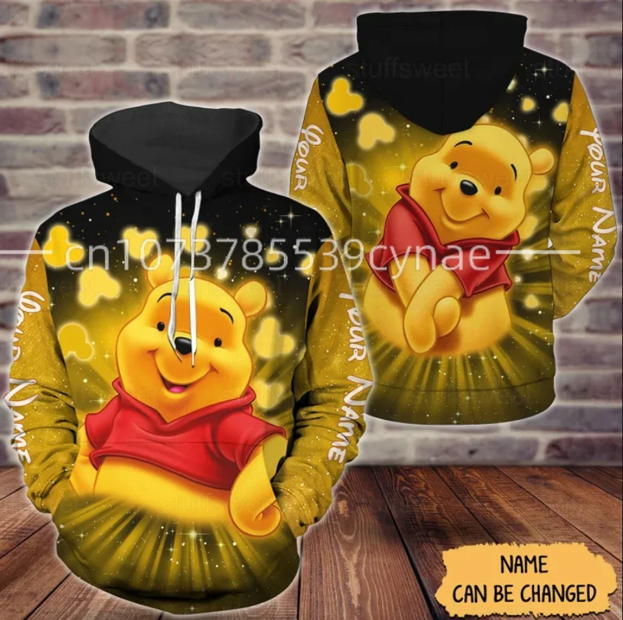 2023 Yellow Pooh Winnie The Pooh Disney Cartoon Graphic Outfits Clothing Men Women Kids 3D All Over Print Zipper Hoodie