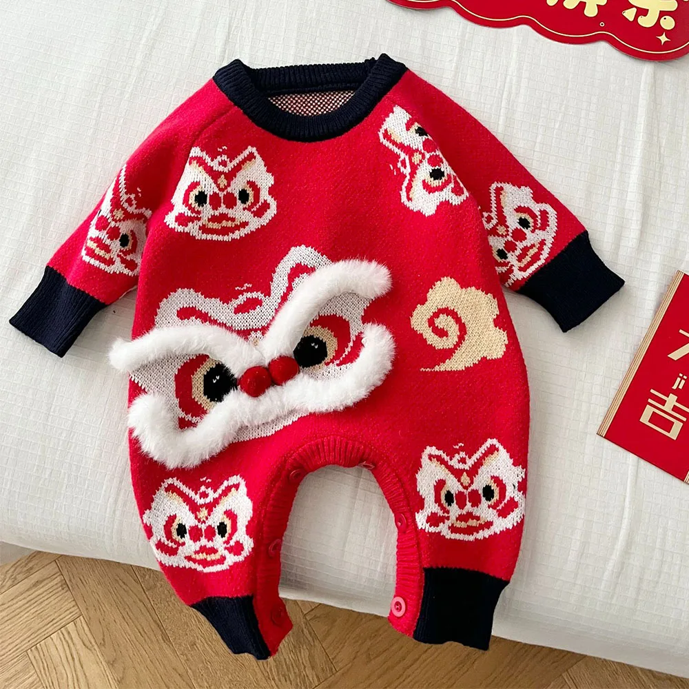 

Chinese New Year Baby Onesie Long Sleeve Knitted Red Color Winter Newborn Clothes Unisex Baby Boy Girl Rompers Wholesale