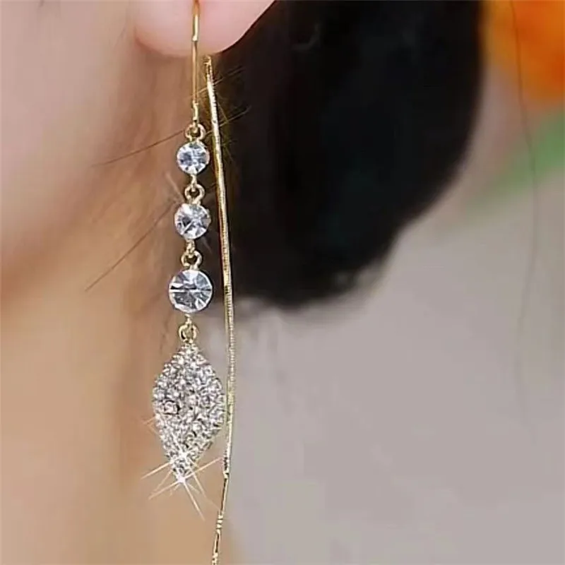 Vergoldete Kristallblatt-Quasten-Tropfenohrringe für Frauen, glänzende Zirkon-Blume, baumelnde Ohrringe, Hochzeit, Schmuck, Geschenk, Y2k – Detail 16