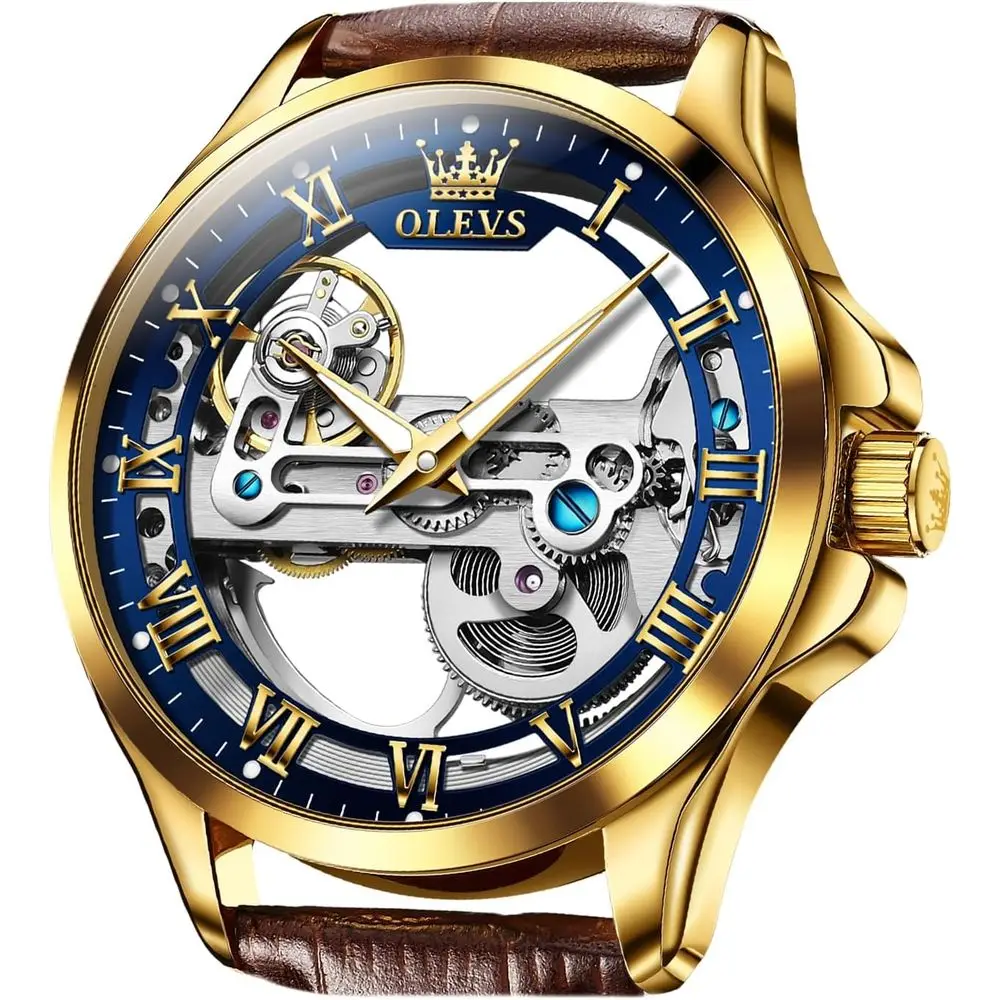 

Мужские часы OLEVS: автоматические, с кожаным ремешком, скелетонизированные, с автоподзаводом, водонепроницаемые, легко носить