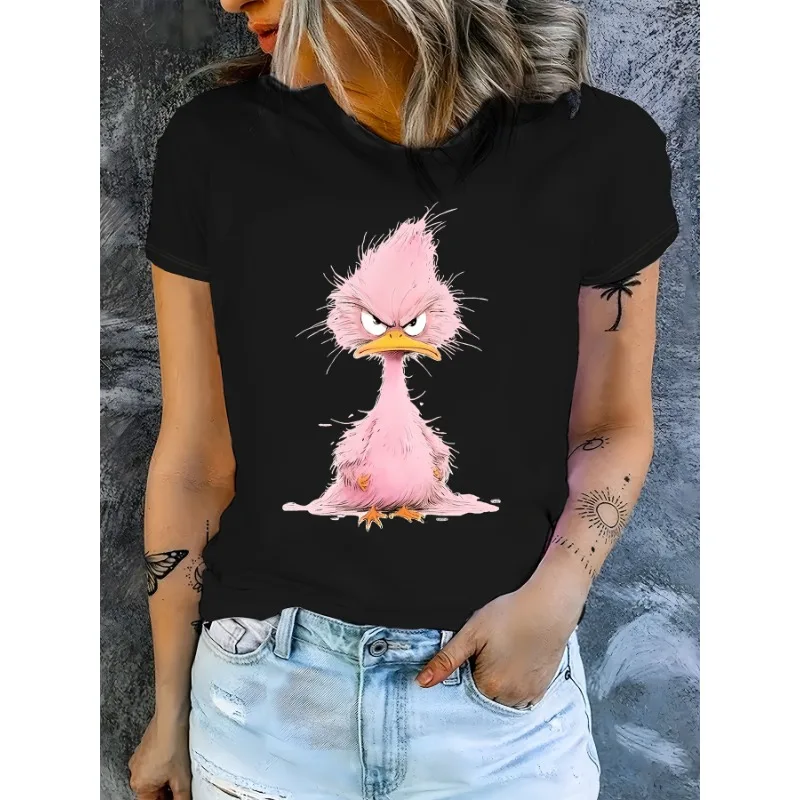 Ms. Cartoon Bird Print T-shirt Round Neck Short-sleeved Blouse Casual Models Spring and Summer Fashion Printing Shirt