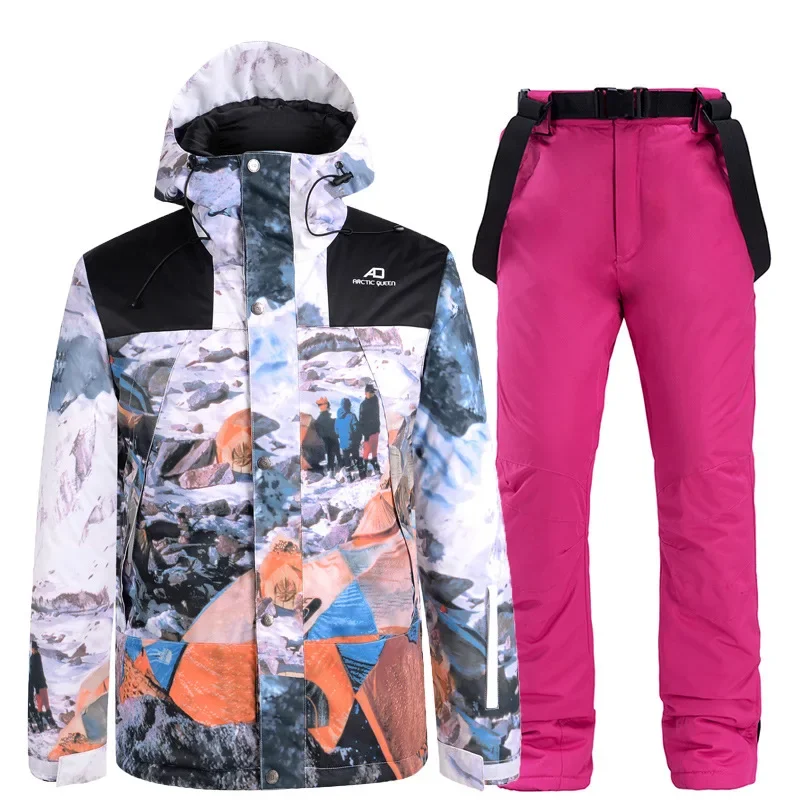 New 2024 Ski Suit Winter Warm Cotton Woman Jacket Pants Man Skiing Sport Windproof Waterproof Tracksuit Couple Clod Clothes Set