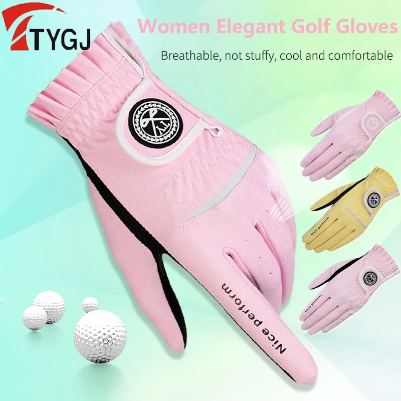 Ttygj 1 Pair Golf Gloves Left And Right Hand Pu Ladies Gloves Women Anti-Slip Granules Mitten Elastic Breathable Mittens Elegant