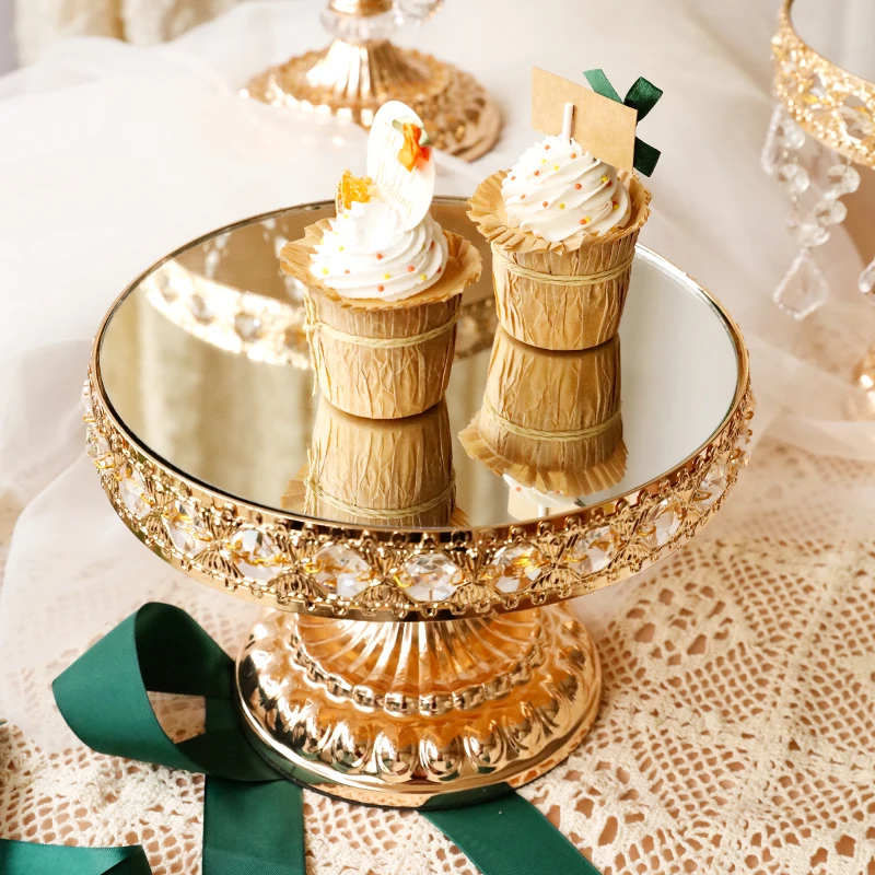 

European wedding dessert table golden mirror tall tray cake snack stand wrought iron creative display coffee break table
