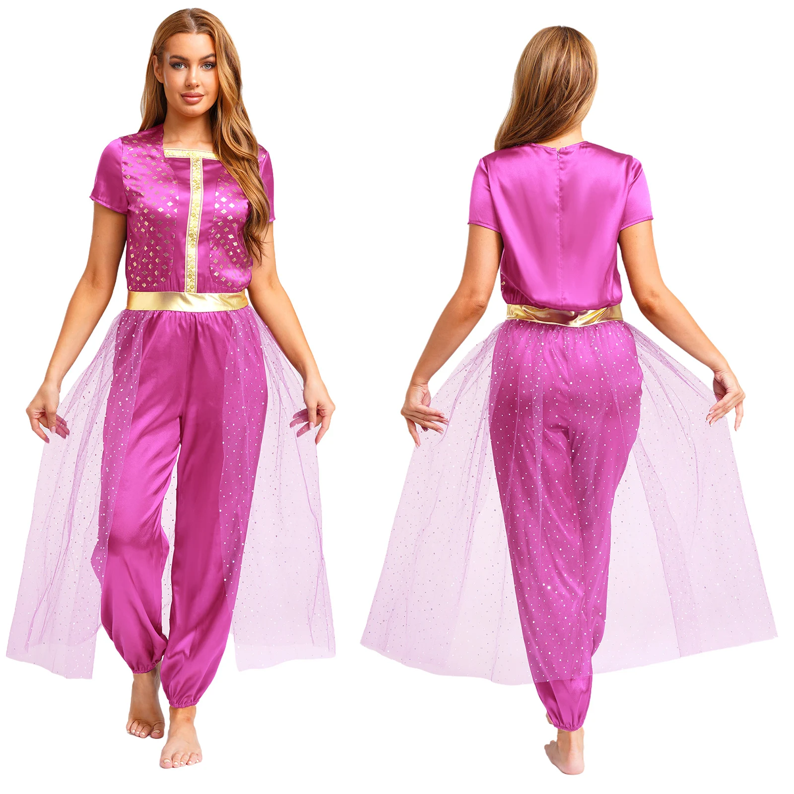 

Stylish Halloween Queen Cosplay Outfit Adult Womens Arabian Princess Dress-up Jumpsuit Metallic Shiny Romper with Sequined Tulle