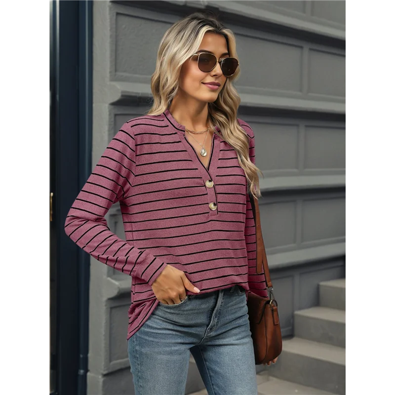 

NEW-Long Sleeve Shirts For Women Striped V Neck Pullover Loose Fit Y2K Tops Button Fall Outfits For Women