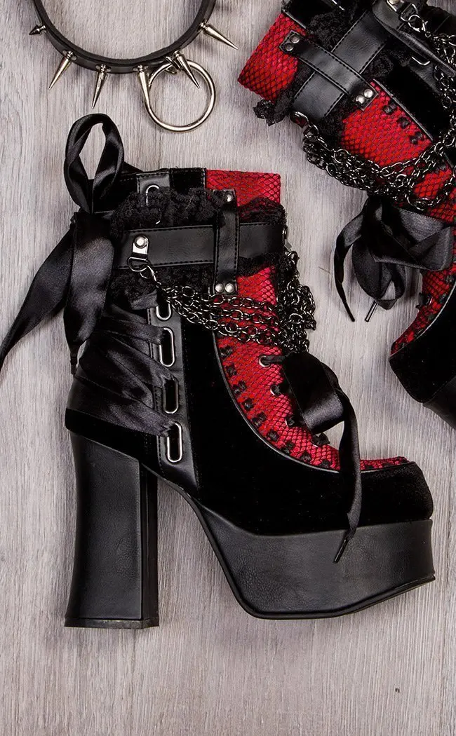 Gothic Ketten-Spitzen-Schleifen-Plateau-Stiefeletten Retro Runde Zehenpartie Quadratischer Absatz Klobige Plateau-Kurzstiefelette Damen Punk Party Schuhe – Detail 6