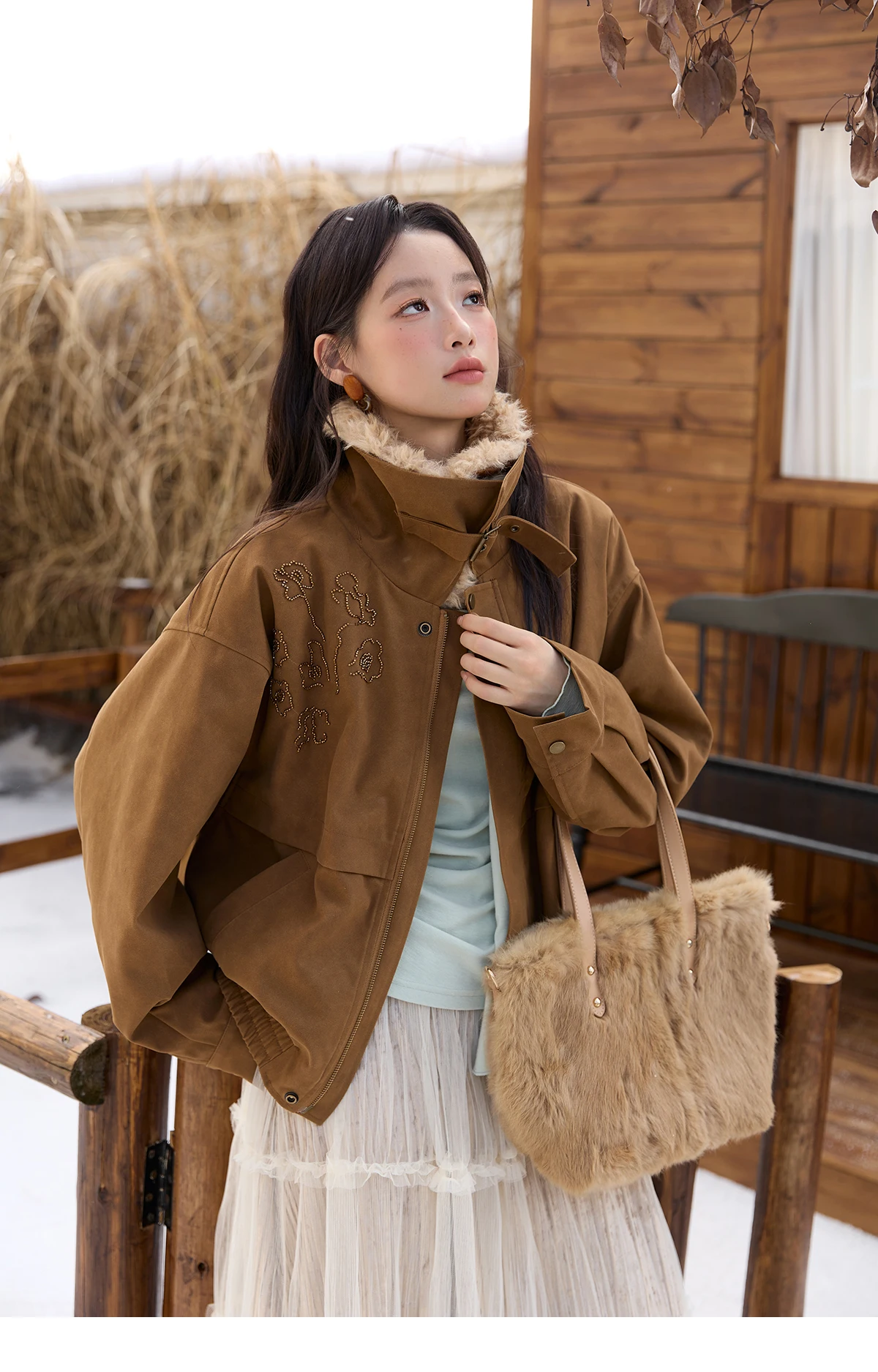 MISHOW chaqueta de ante marrón para mujer 2025 invierno nuevo abrigo con cuello de piel desmontable chaqueta de manga larga con cremallera MXE51W0876