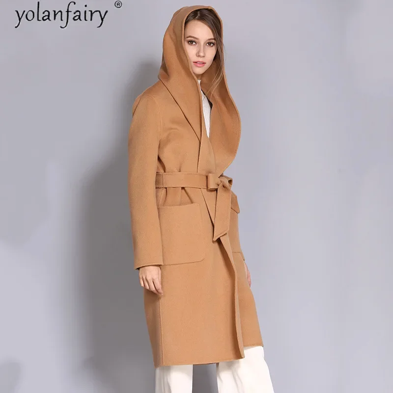 

YOLANFAIRY Fashion Winter Autmn 100% Wool Coat Korean Style Hooded Coat Women Elegant Women's Clothing Sobretudo Feminino 2020