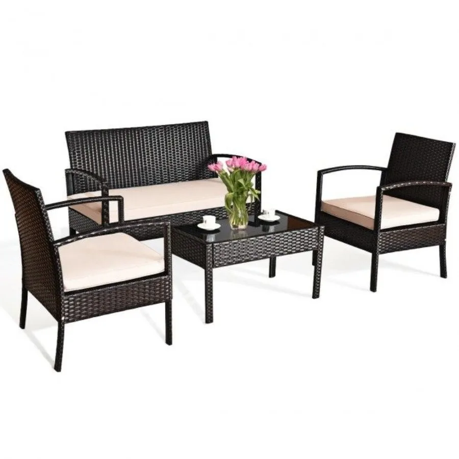 

4 Pieces Patio Furniture Sets Rattan Chair Wicker Set Outdoor Bistro