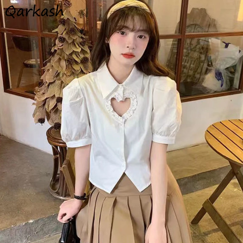 Shirts Women Hollow Out Design Slim Puff Sleeve Simple New Fashion Korean Style Ladies All-match Casual Ins Cozy Summer Cropped