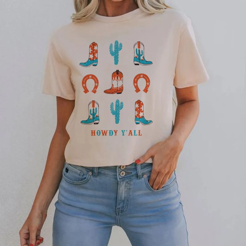 Howdy Y'all Rodeo Western T-Shirt Women Vintage Boho Texas T Shirt Cowgirl Cute Graphic Tees Summer Hippie Tshirts Retro Tops