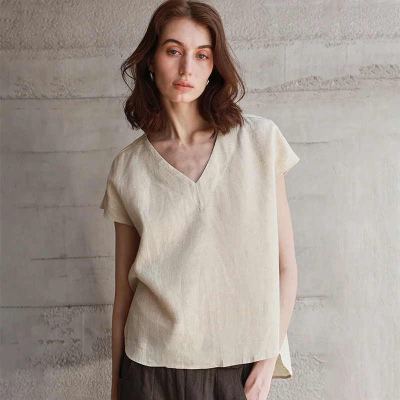 

Casual Loose 100% Linen Shirts Women Summer Short Sleeve V-neck White Color Chic Fashion Harajuku Office Lady Basic Female Tops