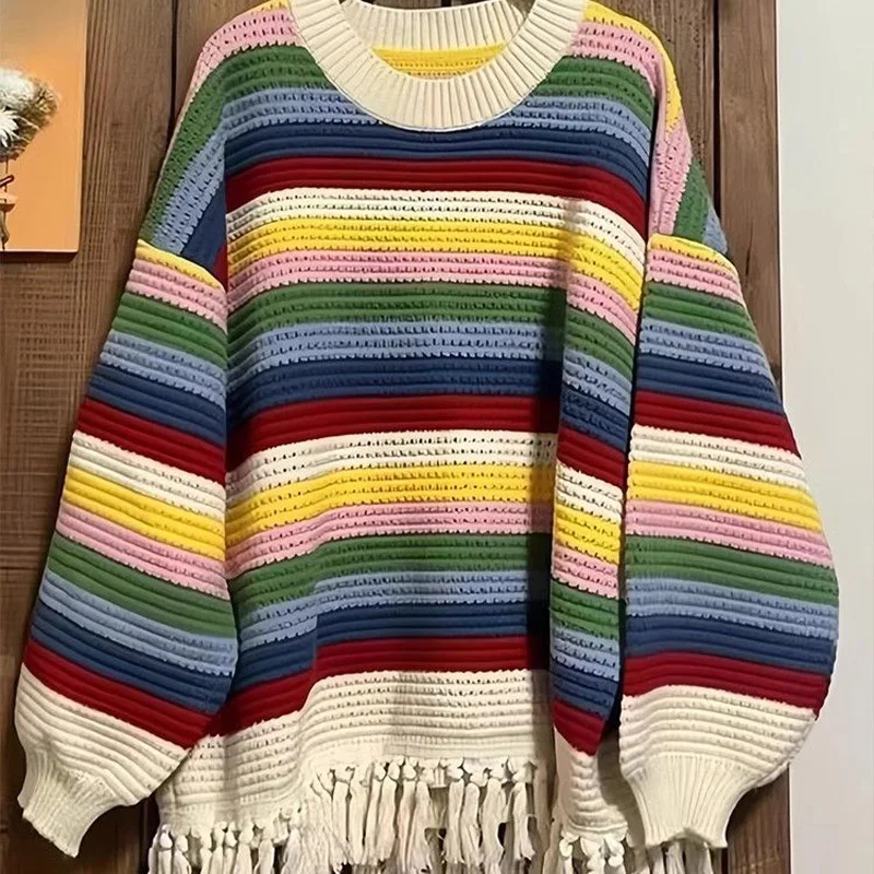 Rainbow Stripe Long Sleeve Knitted Sweater for Women's Autumn Winter New Korean Edition Loose Slimming Casual Trendy Sweater Top