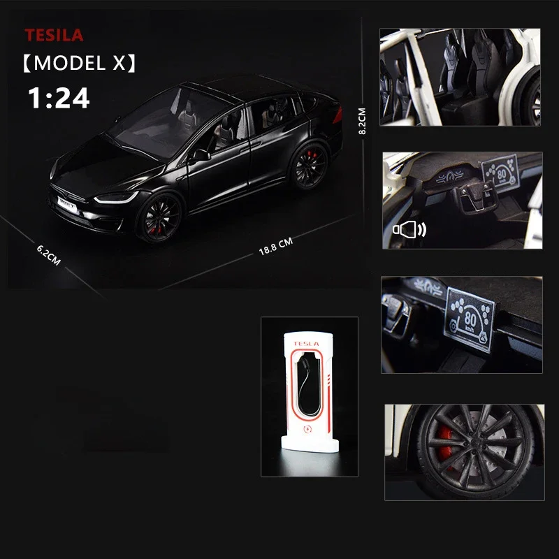 Carro de brinquedo fundido para crianças, liga Model X Tesla Model 3, luz e som, colecionáveis infantis, presente de aniversário, 1:24