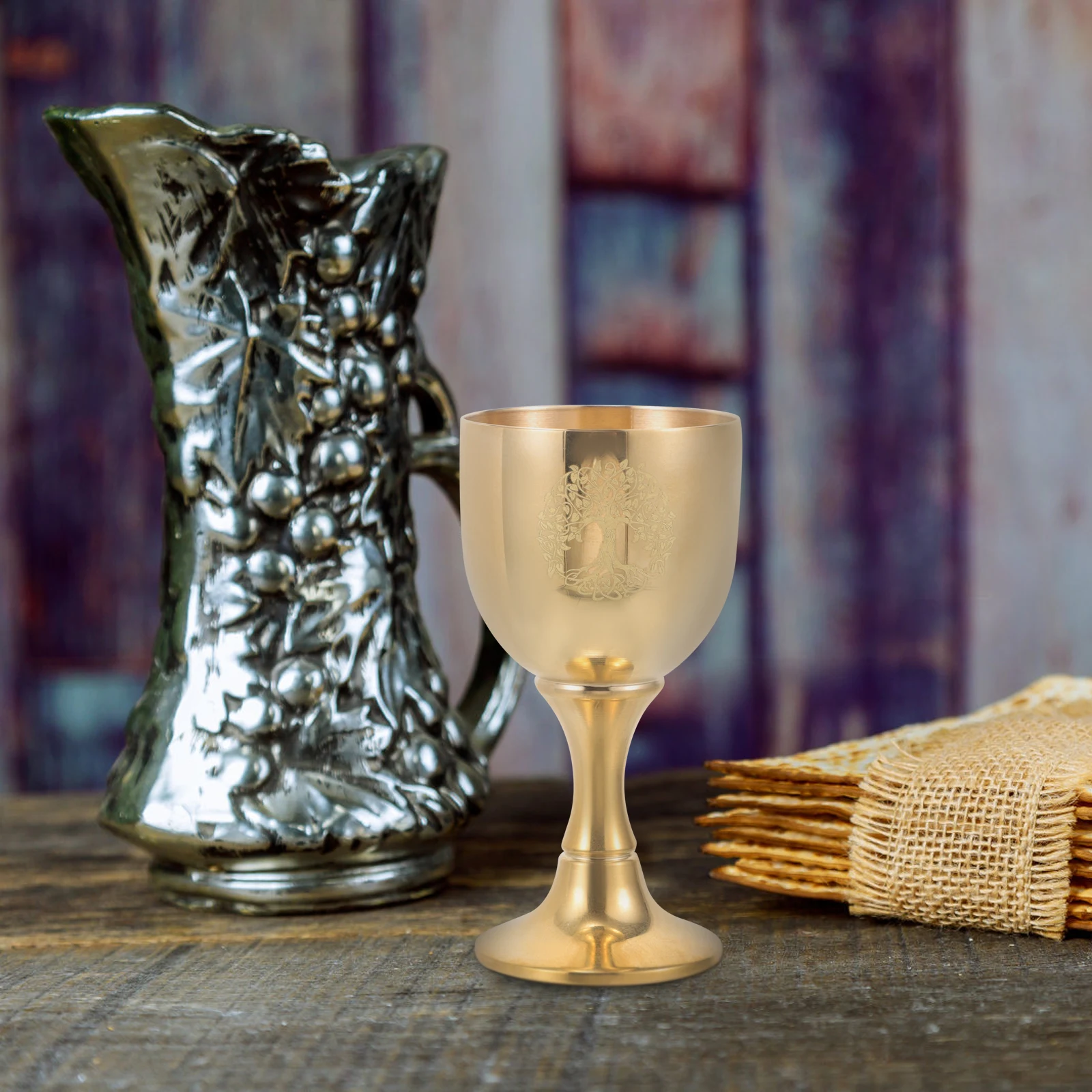 Altar Cup Pentagram Tree Pattern Altar Chalice Vintage Brass Goblet Wine Cup Brass Retro Worship Craft Cup Decor Altar Goblet